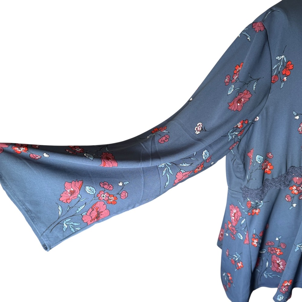 Eyeshadow Blue Gray Floral Lace Trim Tie Neck Peasant Tunic Blouse Top 3X *READ‎ - Picture 10 of 14